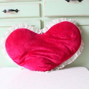 1980s Vintage Heart Throw Pillow: Ruffled Lace, Crimson Red