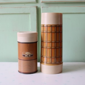 Vintage Plaid Thermos Set: 1970s Retro Kitchen Decor