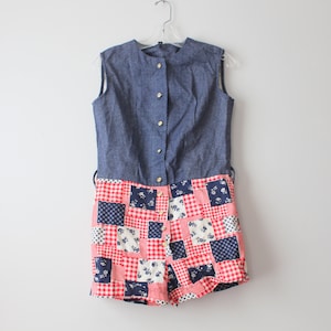 1960s Mod Patchwork Romper: Red Blue Jean Jumper