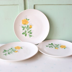Vintage Yellow Rose Ceramic Plates - Set of 3 - 1970s Kitchen