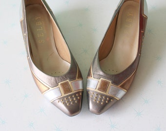 1980s Selby Glam Heels: Gold & Silver Pumps, Size 9
