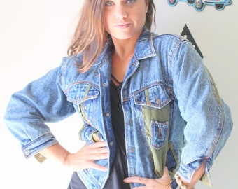 1980s 90s HIPSTER Acid Jean Jacket Coat...small womens... blue jean jacket. killer. rad. 80s glam. hippie. costume. 90s. novelty