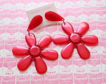 1980s Flower Power Earrings.....nos. costume. 1980s glam. groovy. 80s floral earrings. rad. rocker. punk. indie. hipster. red. mod. disco