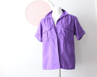 1980s PURPLE Blouse.....size small womens....silky. made in taiwan. 80s clothing. summer. colorful. hipster. costume. hippie. boho. collared