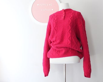 80s Cable Knit Sweater: Hot Pink Ramie Cotton, Small