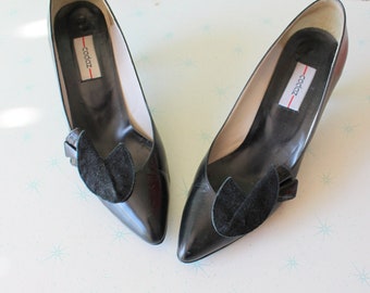 1980s Black Leather Heels - Size 7.5
