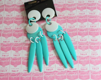 5 inch 1980s Blue Teal White Clip On Earrings..costume. 1980s glam. sexy. killer 80s. rad. rocker. punk. indie. hipster. huge. costume party