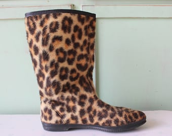 1970s Vintage Retro Leopard Boots..size 7 womens...shoes. fall. winter. mod. boho. hippie. costume. funky. animal print. groovy, made in USA