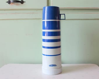 Vintage 1970s Thermos: Tall Blue Striped Retro Kitchen Decor