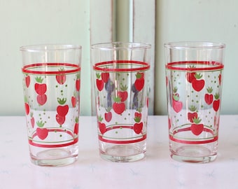 1980s Strawberry Juice Glasses - Retro Kitchen Glassware, Set of 3