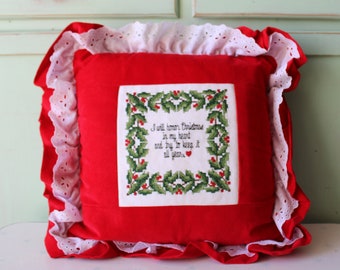 1980s  Ruffled Christmas Throw Pillow: Holiday Home Decor