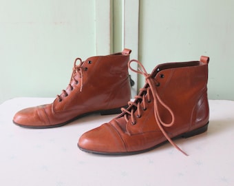 Botines vintage de cuero marrón de los años 80 - Calico Mod con cordones (Talla 8 de mujer)