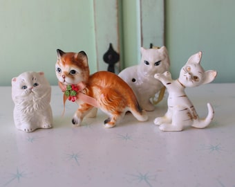 Estatuetas de gato de cerâmica vintage - Decoração kitsch dos anos 80 - Conjunto de 3