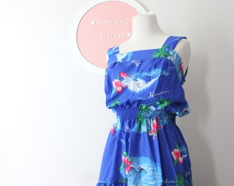 1970s HAWAIIAN DREAM Dress....size small to medium.... mod. dreamy. mid dress. 1970s dress. blue. vacation. hukilau. floral dress. colorful