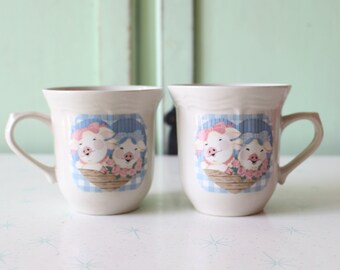 Retro Pig Print Mugs: 1980s-90s Kitsch Set of Two