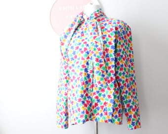 1980s FLORAL Blouse...size large womens...top. 80s clothing. summer. colorful. silky blouse. hippie. boho. pink. hawaiian. rainbow