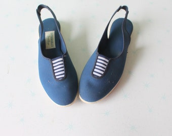 1970s Canvas Slingback Wedges: Retro Navy Blue Shoes, Size 7.5
