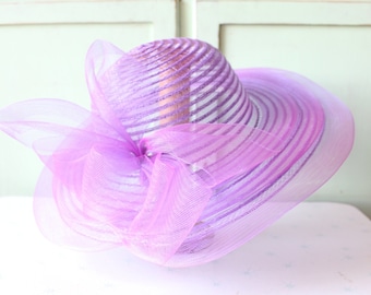 80s Purple Straw Hat: Bow Costume Derby