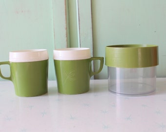 Vintage OLIVE Green Retro Set of 3.....mug. green cup. jar. coffee. tea. bright. 1970s. 1960s. kitsch. drinking, serving. espresso. kitsch