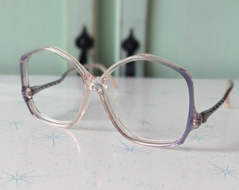 Vintage JACKIE O Glasses....big. purple. clear. new old stock. classic. groovy. twiggy. mod. retro glasses. librarian. secretary. woodstock