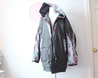 Chaqueta con estampado de remolinos morados y negros de los años 80: talla grande retro