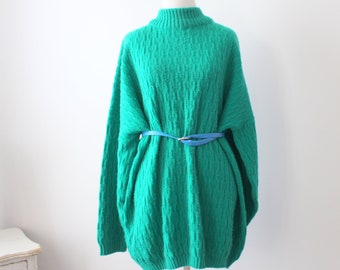 1980s Vintage Green Knit Turtleneck Sweater - Oversized Made in USA