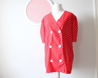 Vintage Red Polka Dot Blouse Top....xlarge. womens. red and white. mod. . blouse. womens. ladies. vintage blouse. flowy top. fancy