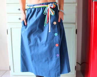 1970s DESIGNER VINTAGE Skirt...medium to large. pockets. .retro. rainbow skirt. pencil skirt. hippie. boho. mod. classic. navy blue skirt