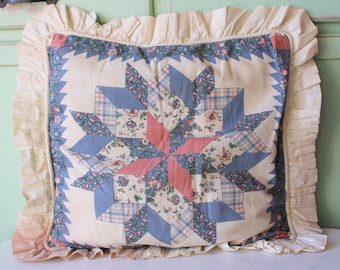 1980s  Floral Quilted Throw Pillow: Ruffled Country Decor