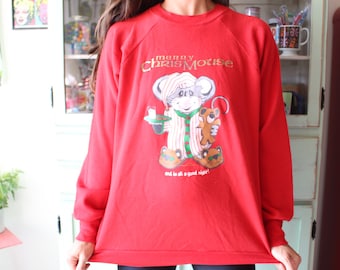 Vintage CHRISTMAS SWEATER ...size large xlarge womens....kitsch. retro. snowman. kawaii. animal lover. mouse. novelty. holiday. christmas