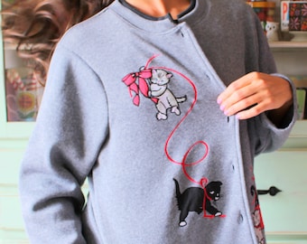 Vintage 1980s Cat Cardigan: Kitsch Kitten Sweatshirt, Size Large