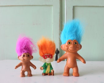 Vintage TROLLS Doll Set...doll. collectible. troll. 1980s. 1990s. kitsch. retro. vintage toys. crazy. hippie troll. happy birthday. princess