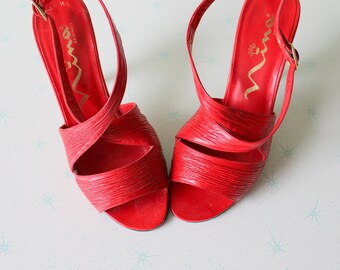 NINA Röda Läderklackar, Öppen Tå Slingbacks, Storlek 5.5