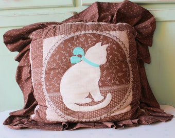 Vintage Cat Pillow: Patchwork Ruffled Accent Pillow