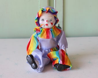1970s Retro Ceramic Clown Figurine: Rainbow Circus Decor