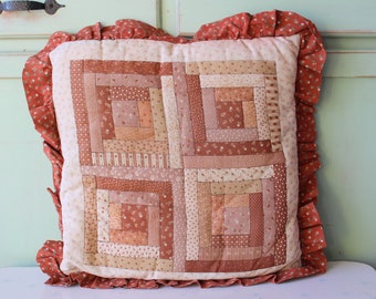 1980s Vintage Floral Quilted Throw Pillow with Ruffled Edge
