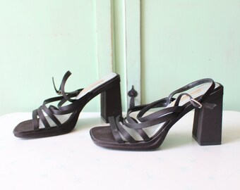 90s Platform Heels: Black Chunky Slingbacks, Size 8.5