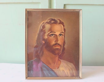 1960s Vintage Jesus Picture in Golden Glass Frame