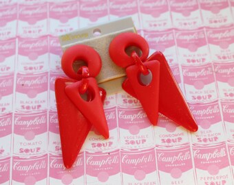 1980s Red Geometric Dangle Earrings: Kitsch Costume Jewelry