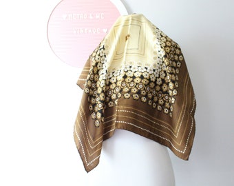Sciarpa floreale vintage anni '70: sciarpa da collo con motivo geometrico Mod Head marrone beige