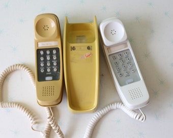 1960s 1970s MUSTARD Yellow White TELEPHONE Lot.....retro. diner. rad. 1960s phone. collectible. rare. . kitsch. vintage decor. antique