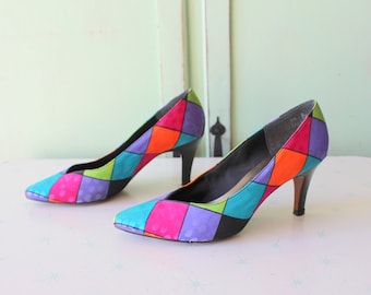 1980s RAINBOW Heels...size 5.5 6 womens....wedding. fabric heels. designer. pumps. fancy. party. mod. retro. glam. teal. pink. orange. green