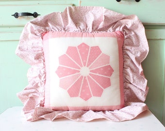 1980s Vintage Ruffled Throw Pillow: Pink Flower Garden Decor
