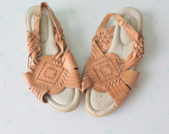 Vintage 1980s Woven Leather Sandals - Size 10 Boho Huraches