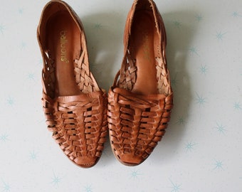 Vintage Woven Leather Flats - Brown Boho Shoes - Women's Size 7