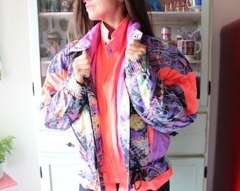 1980s RAD Jacket....size medium. large. colorful. bright. retro. purple. 1980s. 1990s. rad. fun. hipster. snow. swishy. neon. jacket