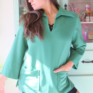 1970s Groovy Olive Green Blouse: Retro V-Neck Top (M-L)