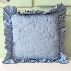 1980s Vintage Ruffled Blue Throw Pillow: Shabby Chic Decor