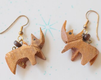 Vintage Rhinoceros Wooden Earrings....pierced ears. kitsch. retro. safari. animal lover. rhino jewelry. zoo animals. safari jewelry