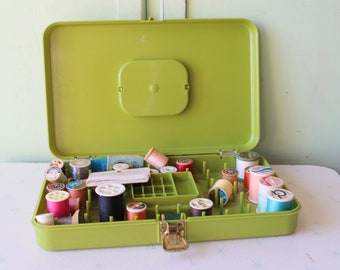 1970s Retro Green Sewing Box with Accessories